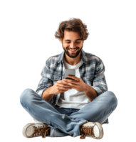 Laughing man sitting on floor on browsing social media on phone on isolated transparent background png