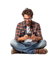 Laughing man sitting on floor on browsing social media on phone on isolated transparent background png