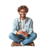 Laughing man sitting on floor on browsing social media on phone on isolated transparent background png