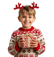 Happy smiling kid wearing red Christmas reindeer antlers holding present on isolated transparent background png