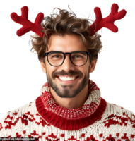 Happy smiling young man wearing red Christmas reindeer on isolated transparent background png