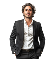 Portrait of a cheerful business man dressed in black suit on isolated transparent background png