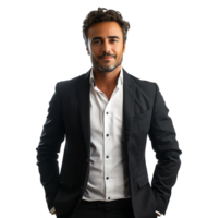 Portrait of a cheerful business man dressed in black suit on isolated transparent background png