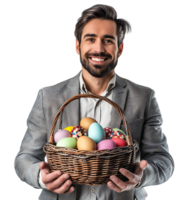 Happy Easter. Portrait of a man with a basket of eastern eggs standing isolated on isolated transparent background png