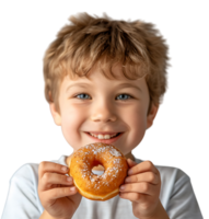 Smiling child boy holding yummy donut on isolated transparent background png