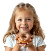 Smiling child girl holding yummy donut on isolated transparent background png