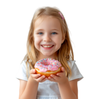 Smiling child girl holding yummy donut on isolated transparent background png