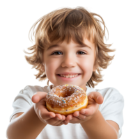Smiling child boy holding yummy donut on isolated transparent background png