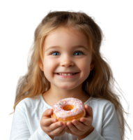 Smiling child girl holding yummy donut on isolated transparent background png