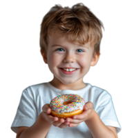 Smiling child boy holding yummy donut on isolated transparent background png