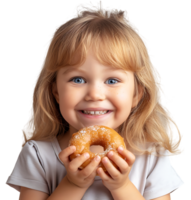 Smiling child girl holding yummy donut on isolated transparent background png