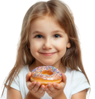 Smiling child girl holding yummy donut on isolated transparent background png
