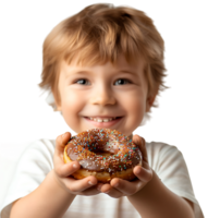 Smiling child boy holding yummy donut on isolated transparent background png