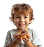 Smiling child boy holding yummy donut on isolated transparent background png