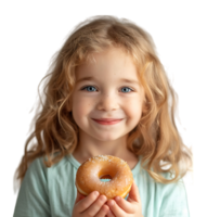 Smiling child girl holding yummy donut on isolated transparent background png