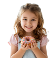 Smiling child girl holding yummy donut on isolated transparent background png