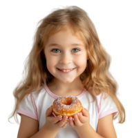 Smiling child girl holding yummy donut on isolated transparent background png