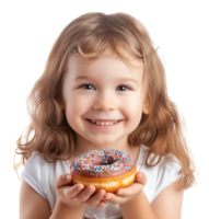 Smiling child girl holding yummy donut on isolated transparent background png