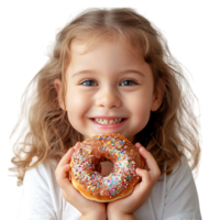 Smiling child girl holding yummy donut on isolated transparent background png