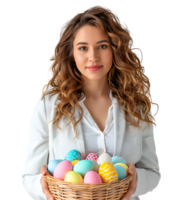 Happy Easter. Portrait of a pretty girl with a basket of eastern eggs standing on isolated transparent background png