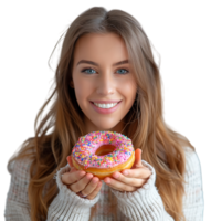 Smiling young girl holding yummy donut on isolated transparent background png