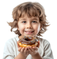 Smiling child boy holding yummy donut on isolated transparent background png