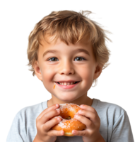 Smiling child boy holding yummy donut on isolated transparent background png
