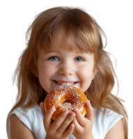 Smiling child girl holding yummy donut on isolated transparent background png