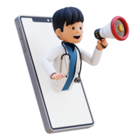 3D Doctor Character Jump from Phone Screen with Megaphone. Suitable for Medical content png