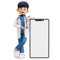 3D Doctor Character Presenting and Lying on Big Empty Phone Screen. Suitable for Medical content png