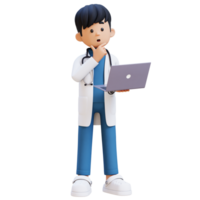 3D Doctor Character Thinking While Working on a Laptop. Suitable for Medical content png