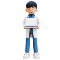 3D Doctor Character Holding Laptop with Empty Screen. Suitable for Medical content png