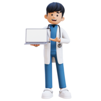 3D Doctor Character Presenting on Empty Computer Screen. Suitable for Medical content png
