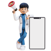3D Doctor Character Holding Megaphone and Lying on Big Empty Phone Screen. Suitable for Medical content png