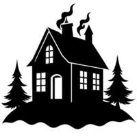 a black and white silhouette of a house with trees vector