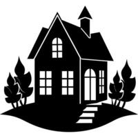 a black and white silhouette of a house with trees vector