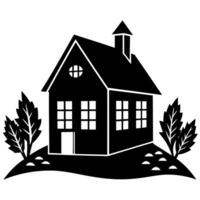 a black and white silhouette of a house with trees vector