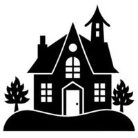 a black and white silhouette of a house with trees vector