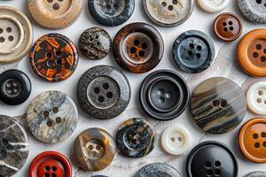 A collection of various buttons in different sizes, colors and designs for sewing and handicrafts. Generated by artificial intelligence photo