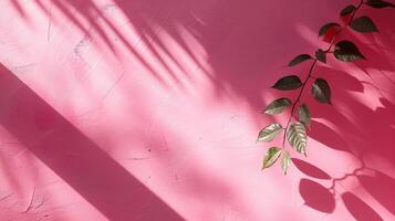 Abstract pink gradient studio background for product presentation. Empty wall with window shadows and palm leaves. Room with copy space. photo