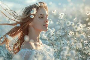 Portrait of a woman with closed eyes in a field with wild daisies. Double exposure. Generated by artificial intelligence photo