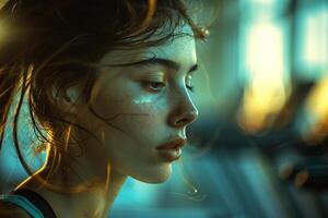 Close-up of a young woman in the gym with splashes of water in the background. Generated by artificial intelligence photo