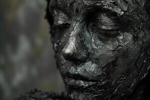 Face with closed eyes, covered with black paint. The concept of the unknown. Generated by artificial intelligence photo