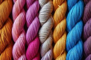 Ropes of colored threads. Horizontal background. Needlework, hobbies. Generated by artificial intelligence photo