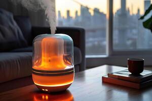 An air humidifier with neon lighting releases steam in the apartment in the evening. Generated by artificial intelligence photo