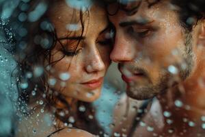 Image of a couple in love behind wet glass. Relationship concept. Generated by artificial intelligence photo
