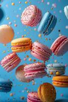 Different types of macaroons in motion falling on light blue background. Sweet and colorful french macaroons flying in motion. Generated by artificial intelligence photo