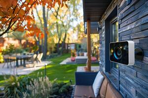 An IP camera is installed on the wall of a luxury house with a swimming pool. The concept of protecting private property. Generated by artificial intelligence photo