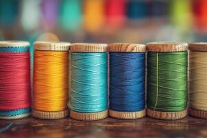 Spools of bright threads on a wooden table close-up. Generated by artificial intelligence photo