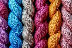 Background with the image of colored twisted threads for sewing, knitting and embroidery. Generated by artificial intelligence photo